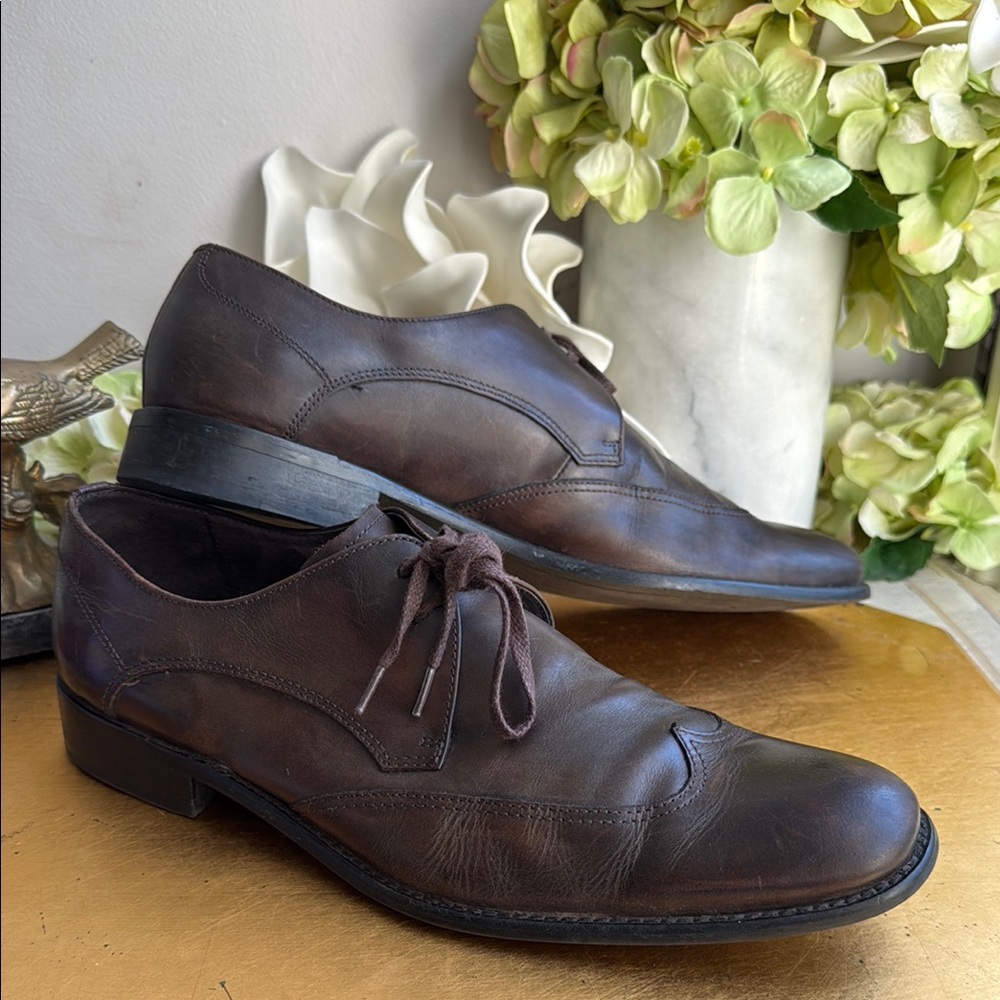 John Varvatos Wingtip Lace-Ups in Dark Brown Distressed Leather